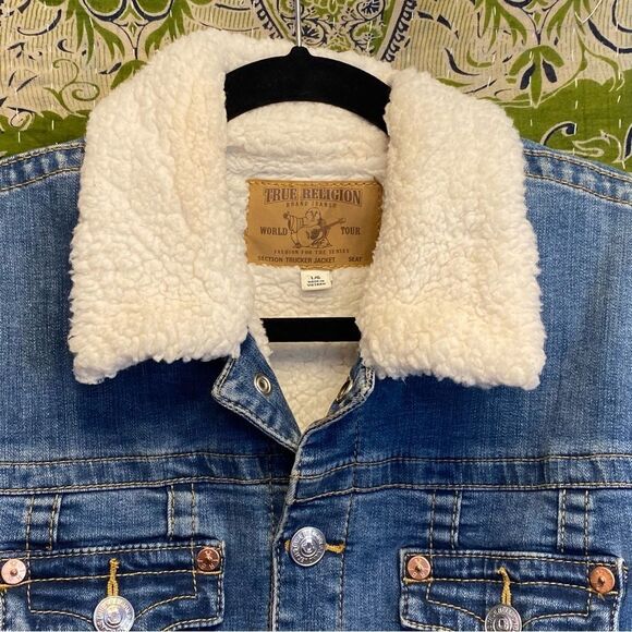 True Religion Deadstock Sherpa Lined Denim Trucker Jacket Size Large - Picture 2 of 15